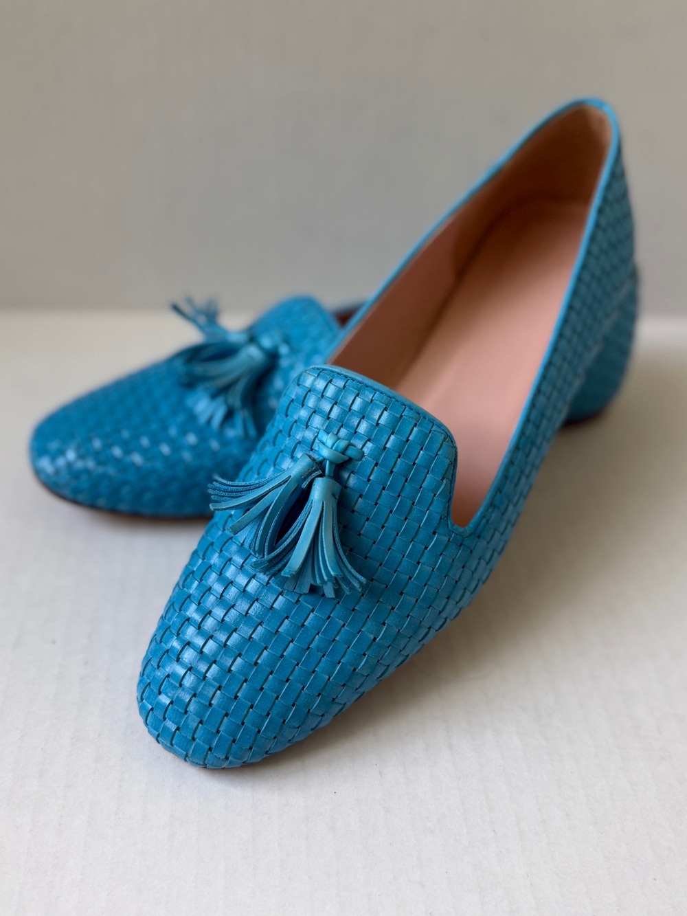 J.Crew Woven Leather Turquoise Smoking Slippers with Tassels 10